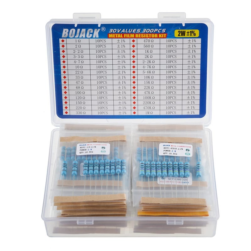 BOJACK 300 Pcs 30 Values Resistor Kit 1 Ohm - 1M Ohm with 1% 2W Metal Film Resistors Assortment - Image 1